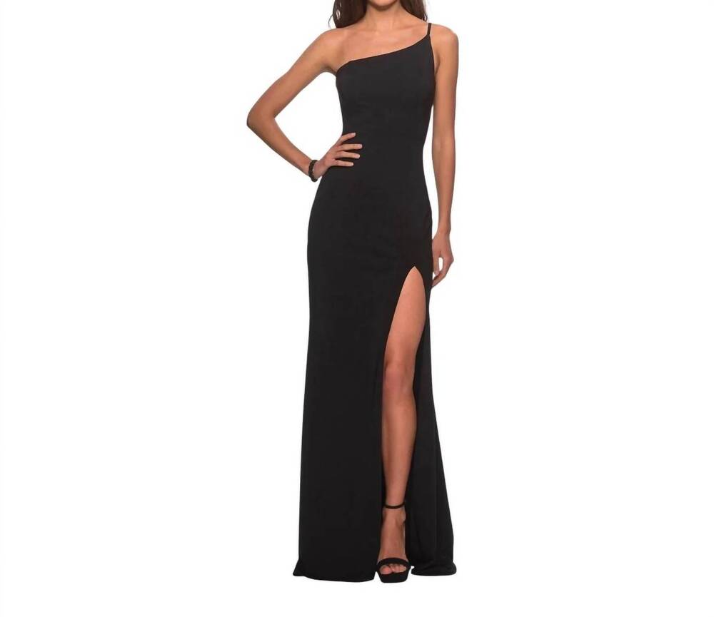 NEW LA FEMME women's one shoulder jersey gown in black